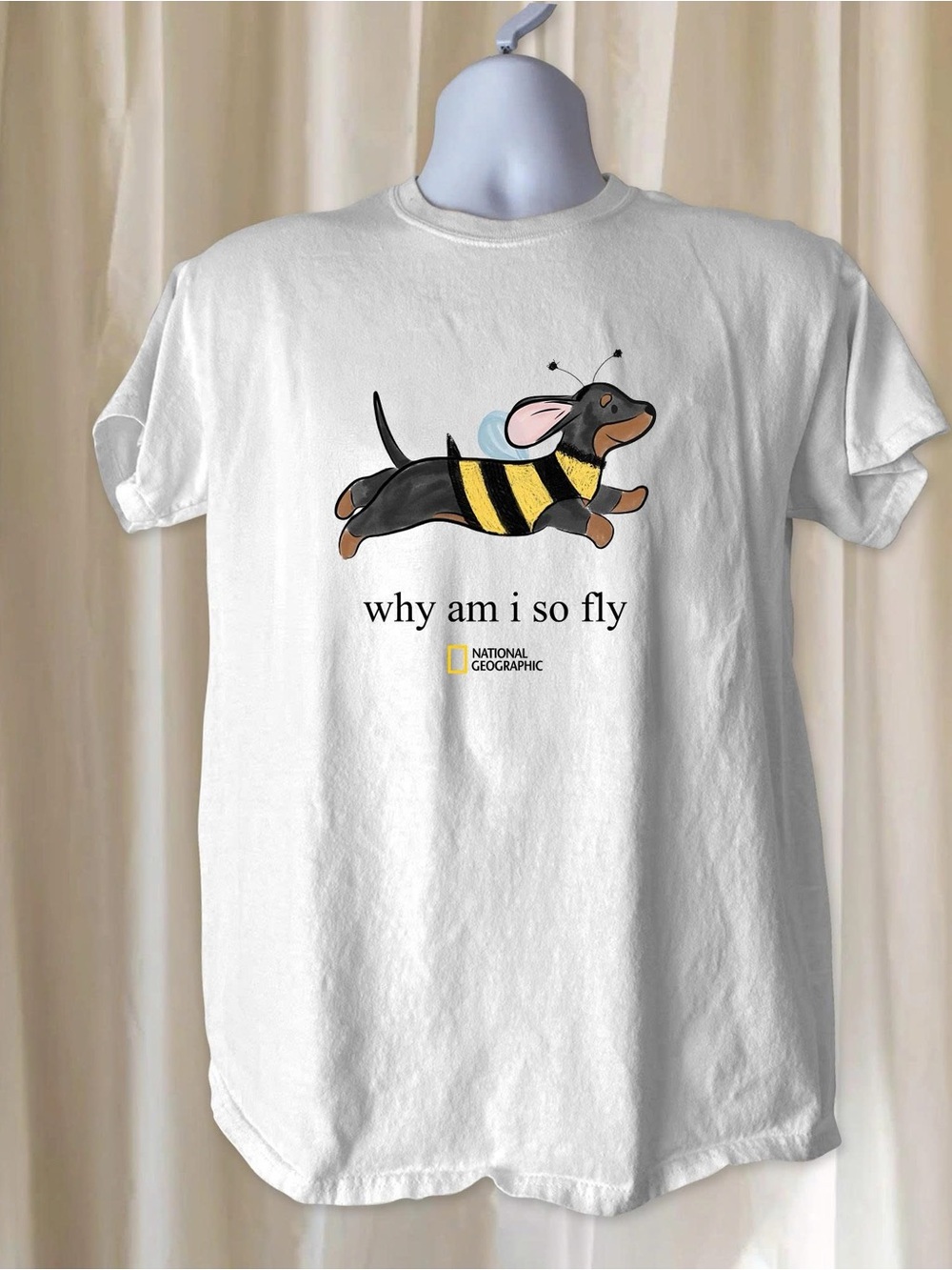 Gildan White Dachshund Bee “why am I so fly” Graphic T-Shirt